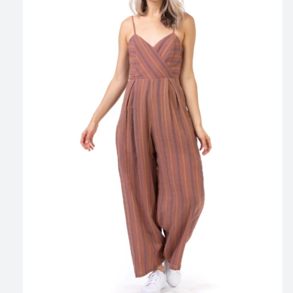 Edgy Land Cami High Waist Wrap Over Slit Pocket Pleated Stripe Jumpsuit Size M